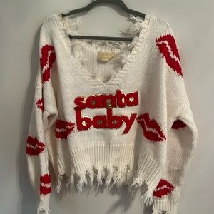 “Santa Baby” distressed fringe lips sweater Christmas Holiday